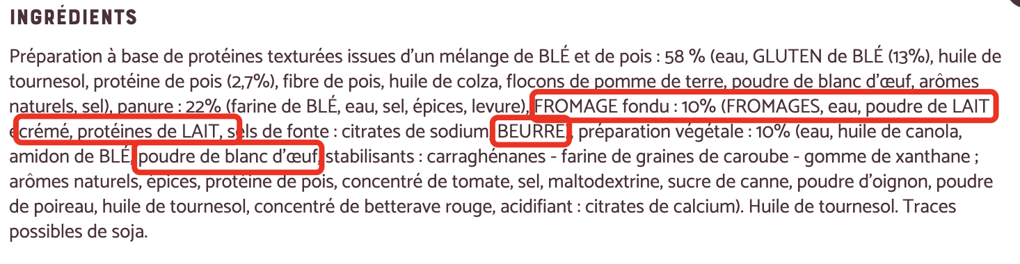Liste des ingrédients de Cordons bleus